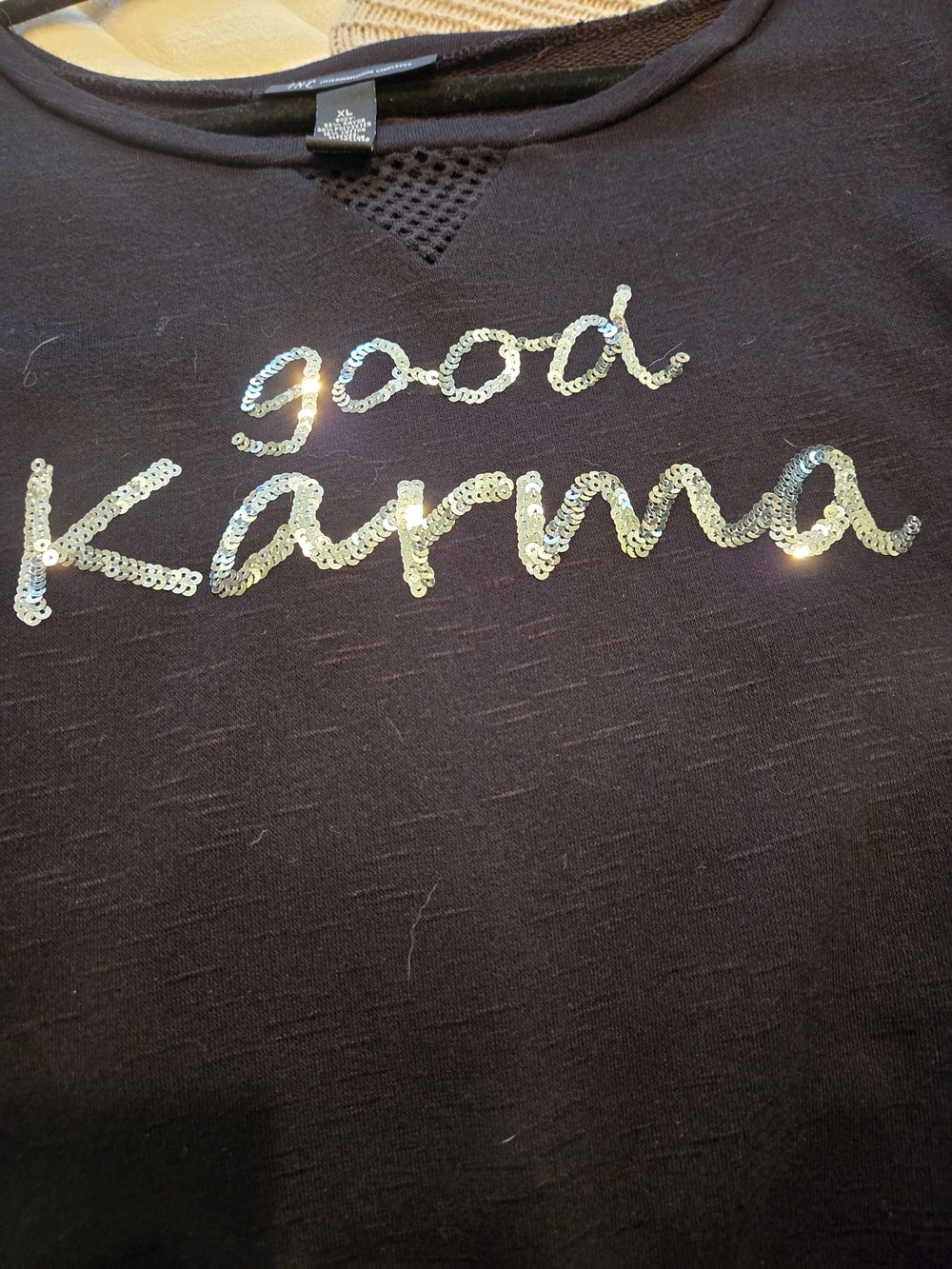 INC BRAND Womens Long Open Knit Sleeve with Sequin "Good Karma" Script - Black